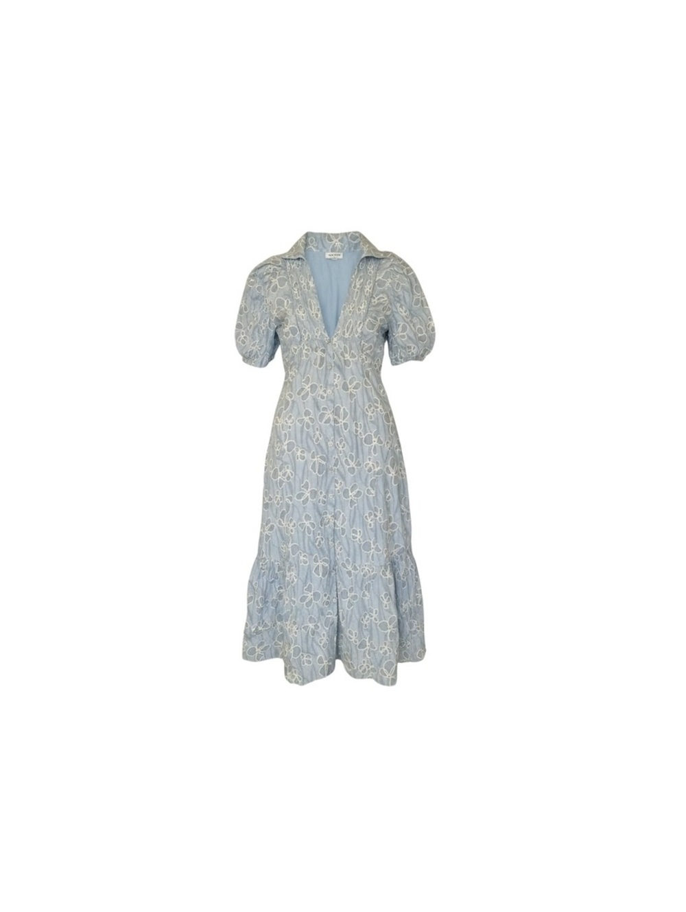 ANNIEWEAR Women’s Small Blue Floral Embroidered PuffSleeve MaxiDress Cottagecore